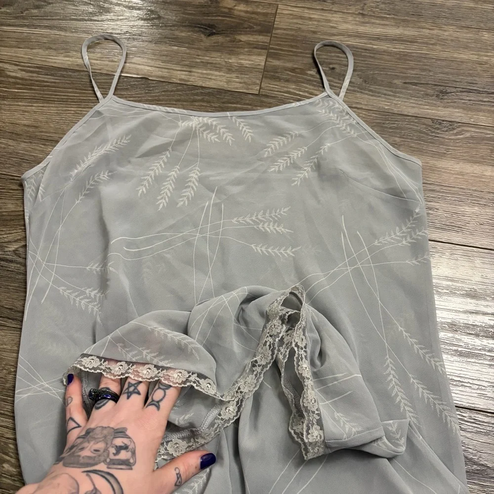 80s/90s European Vintage Silky Botanical Print Lace Trim Slip Dress (Grey) M/L